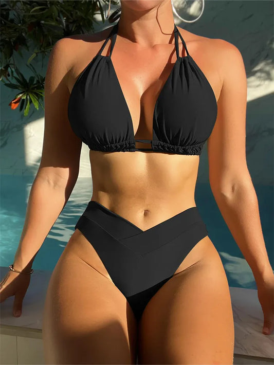 Plus Size Beach Bikini Black Sexy Halter Bikini Push up Swimsuit 2 Piece Bikini Sets 2023 Summer Women Swimwear Bathing Suits