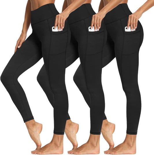 3 Packs Leggings with Pockets for Women, Soft High Waisted Tummy Control Workout Yoga Pants (Reg & plus Size)