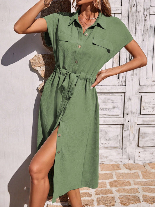 SHEIN LUNE Solid Color Short Sleeve Drawstring Waist Button Front Dress